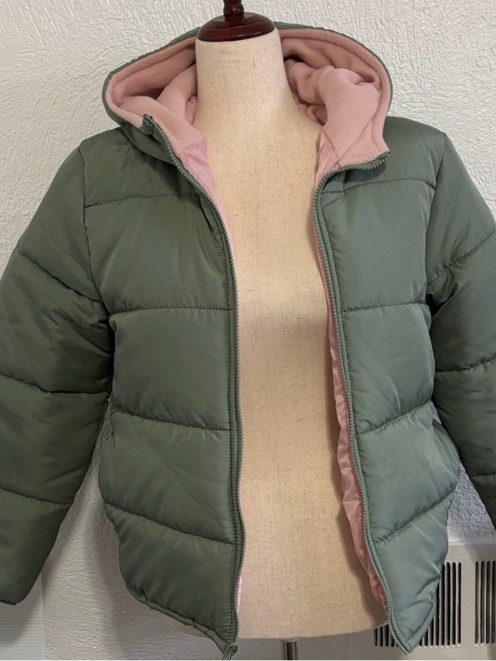 London Fog Girls Sage Puffer Winter Jacket Hooded Pink Lining